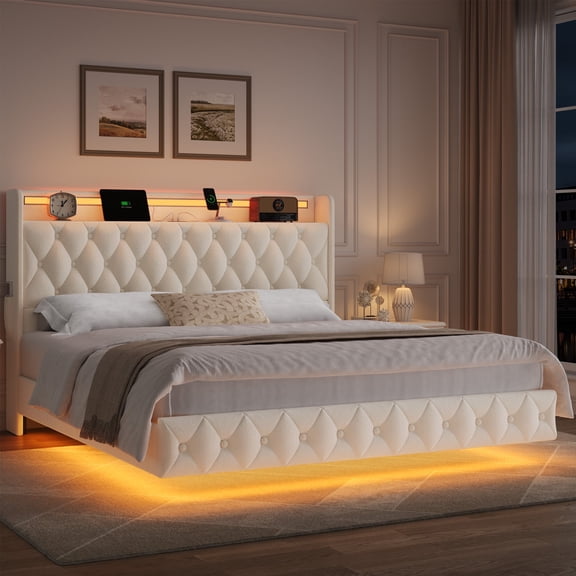 Hiphuta King Size Floating Upholstered Beds with LED Lights, Velvet Leather Sturdy Platform Bed with Charging Station & Button Tufted Headboard Storage, White
