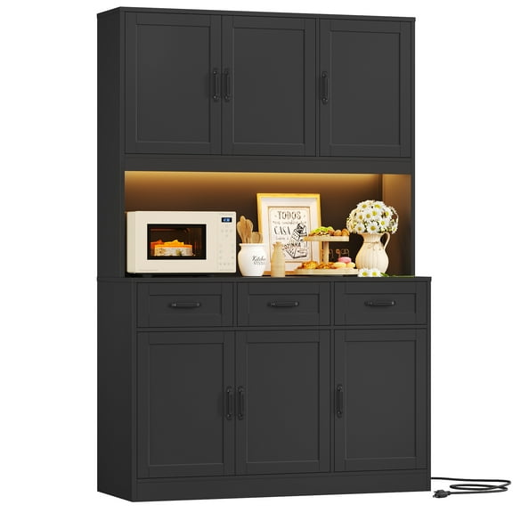 Hiphuta 72" Tall Kitchen Pantry Storgae Cabinet with RGB LED, Hutch Cabinet with Charging Station and Adjustable Shelves for Dining Room, Black