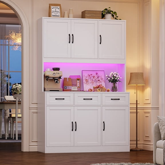 Hiphuta 72" Tall Kitchen Pantry Storage Cabinet with RGB LED, Hutch Cabinet with Charging Station and Adjustable Shelves for Dining Room, White
