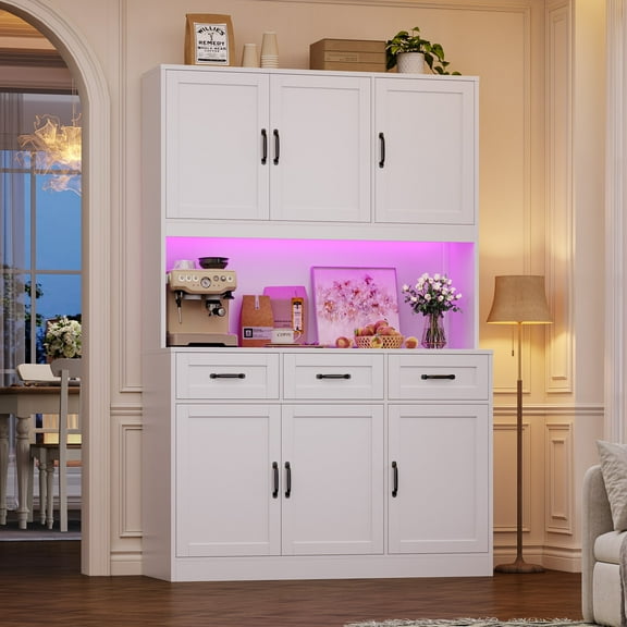 Hiphuta 72" Tall Kitchen Pantry Storgae Cabinet with RGB LED, Hutch Cabinet with Charging Station and Adjustable Shelves for Dining Room, White