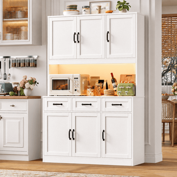 Hiphuta 72" Tall Kitchen Pantry Storage Cabinet with RGB LED, Hutch Cabinet with Charging Station and Adjustable Shelves for Dining Room, White