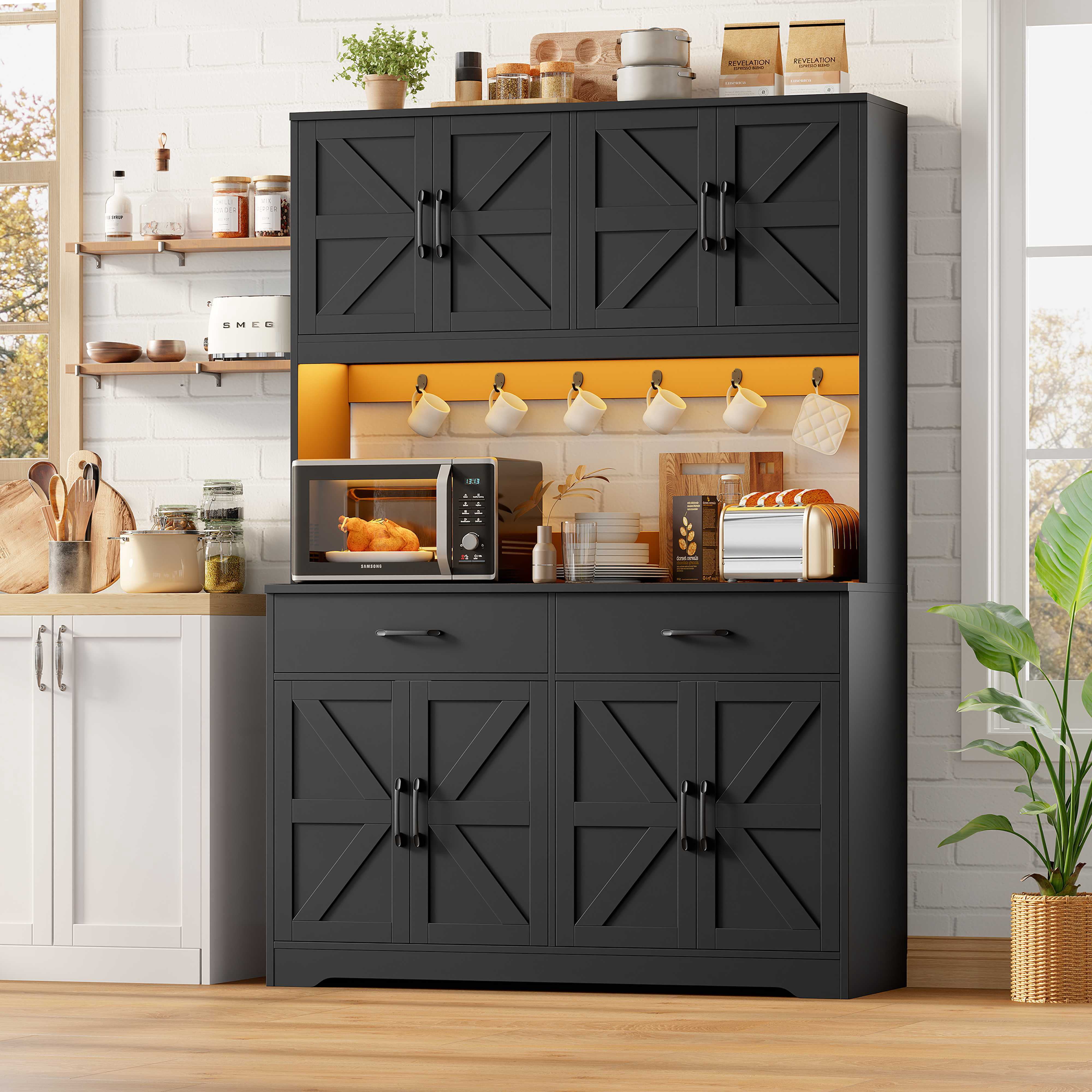 Hiphuta 71" Tall Kitchen Pantry Storage Cabinet with RGB LED and 6 Metal Hooks, Farmhouse Coffee Bar Cabinet with Charging Station, Buffet with Hutch and Microwave Stand, Black