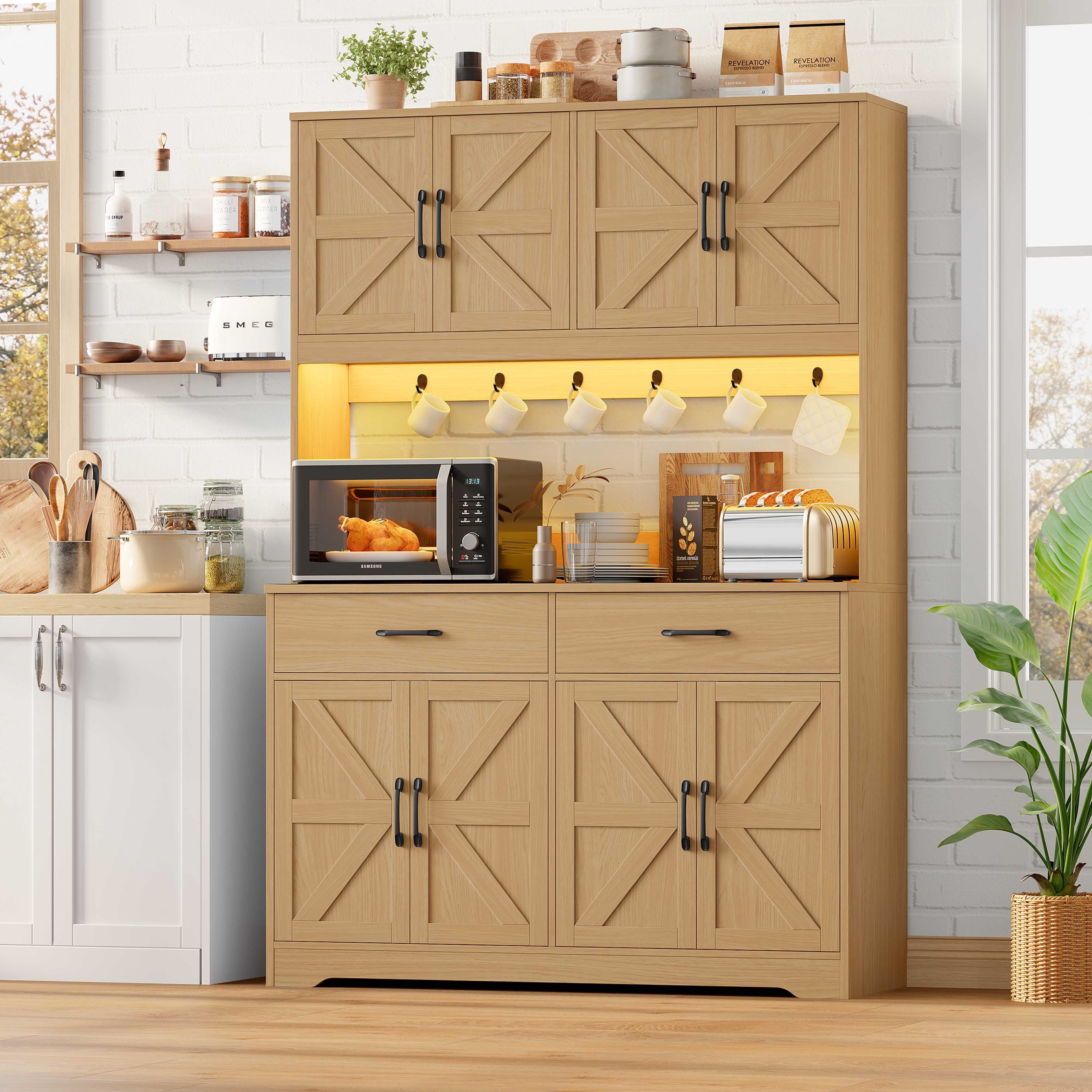 Hiphuta 71" Tall Kitchen Pantry Storage Cabinet with RGB LED and 6 Metal Hooks, Farmhouse Coffee Bar Cabinet with Charging Station, Buffet with Hutch and Microwave Stand, Light Oak