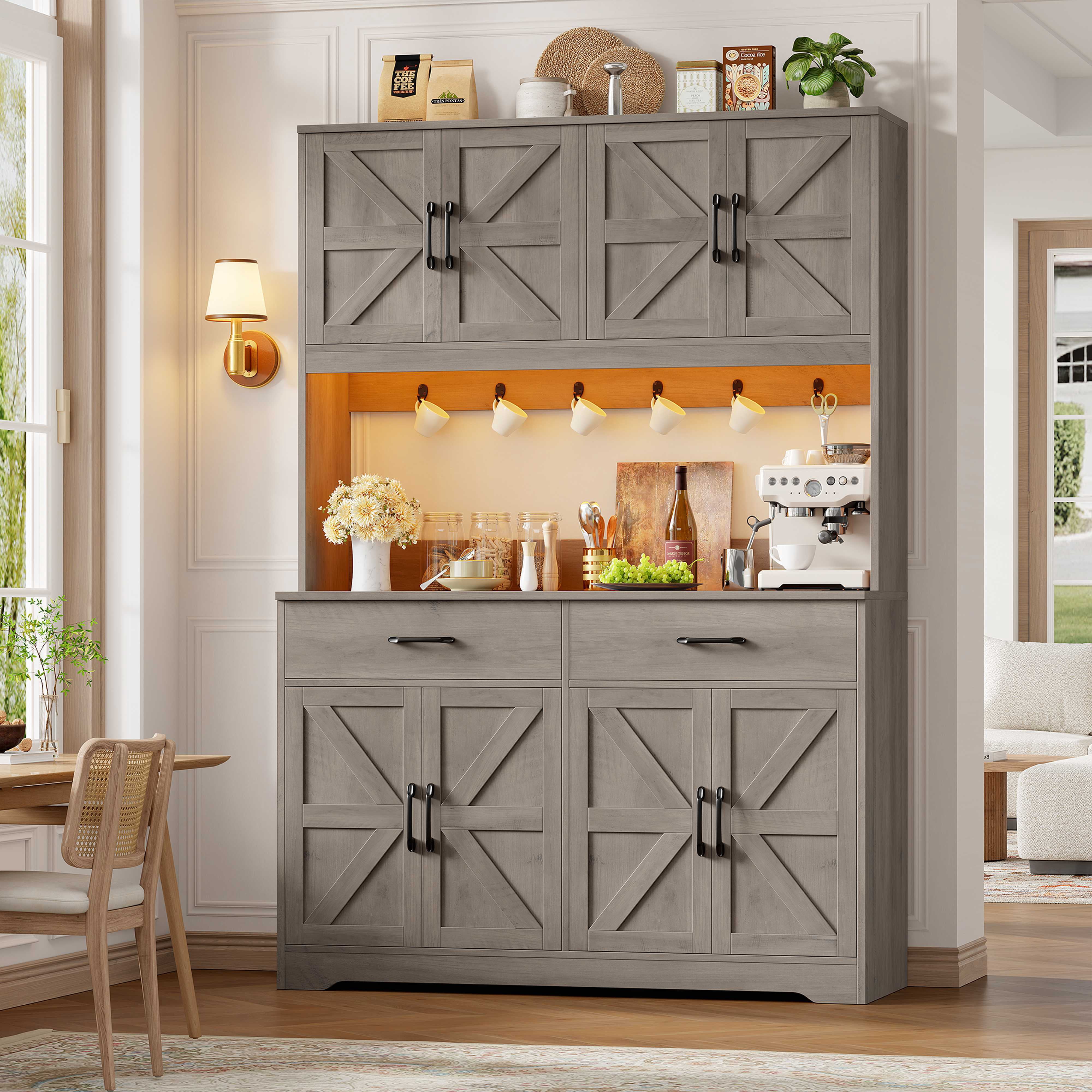 Hiphuta 71" Tall Kitchen Pantry Storage Cabinet with RGB LED and 6 Metal Hooks, Farmhouse Coffee Bar Cabinet with Charging Station, Buffet with Hutch and Microwave Stand, Gray