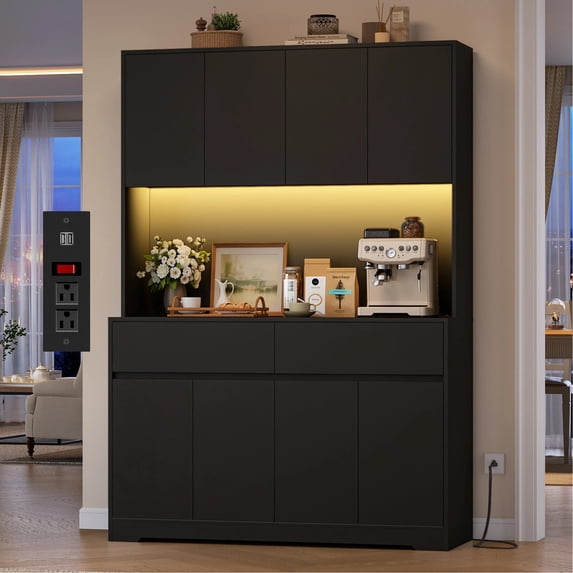Hiphuta 71"Tall Modern Pantry Cabinet with Charge Station & Led Light, Freestanding Kitchen Hutch Cabinet for Dining Room, Black