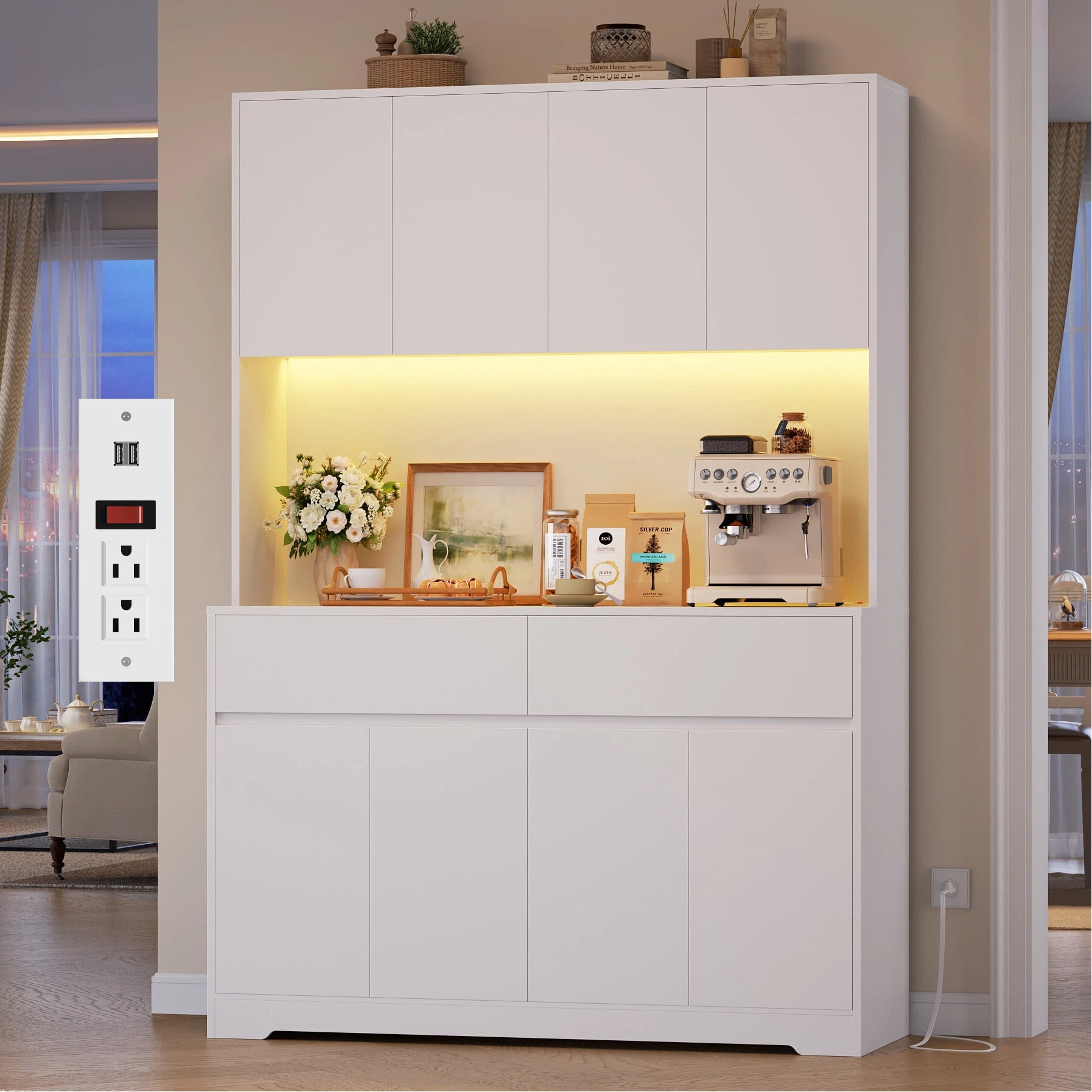 Hiphuta 71"Tall Modern Pantry Cabinet with Charge Station & Led Light, Freestanding Kitchen Hutch Cabinet for Dining Room, White