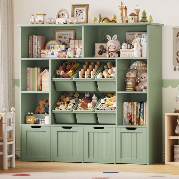 Hiphuta Large 4 Tier Kids Bookcase, Wood Toy Organizer of 6 Boxes & 4 Removable Drawers, Bookshelf for Kids Room Classroom, Green+Green Boxs