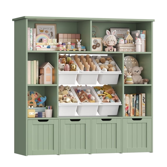 Hiphuta Large 4 Tier Kids Bookcase, Wood Toy Organizer of 6 Boxes & 4 Removable Drawers, Bookshelf for Kids Room Classroom, Green+White Boxs