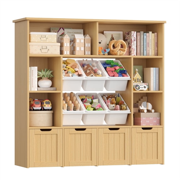 Hiphuta 49" Wide 4-Tier Toy Storage Organizer, Wood Kid Bookcase with 6 Boxes & 4 Removable Drawers, Bookshelf for Kids' Room, Classroom, Natural