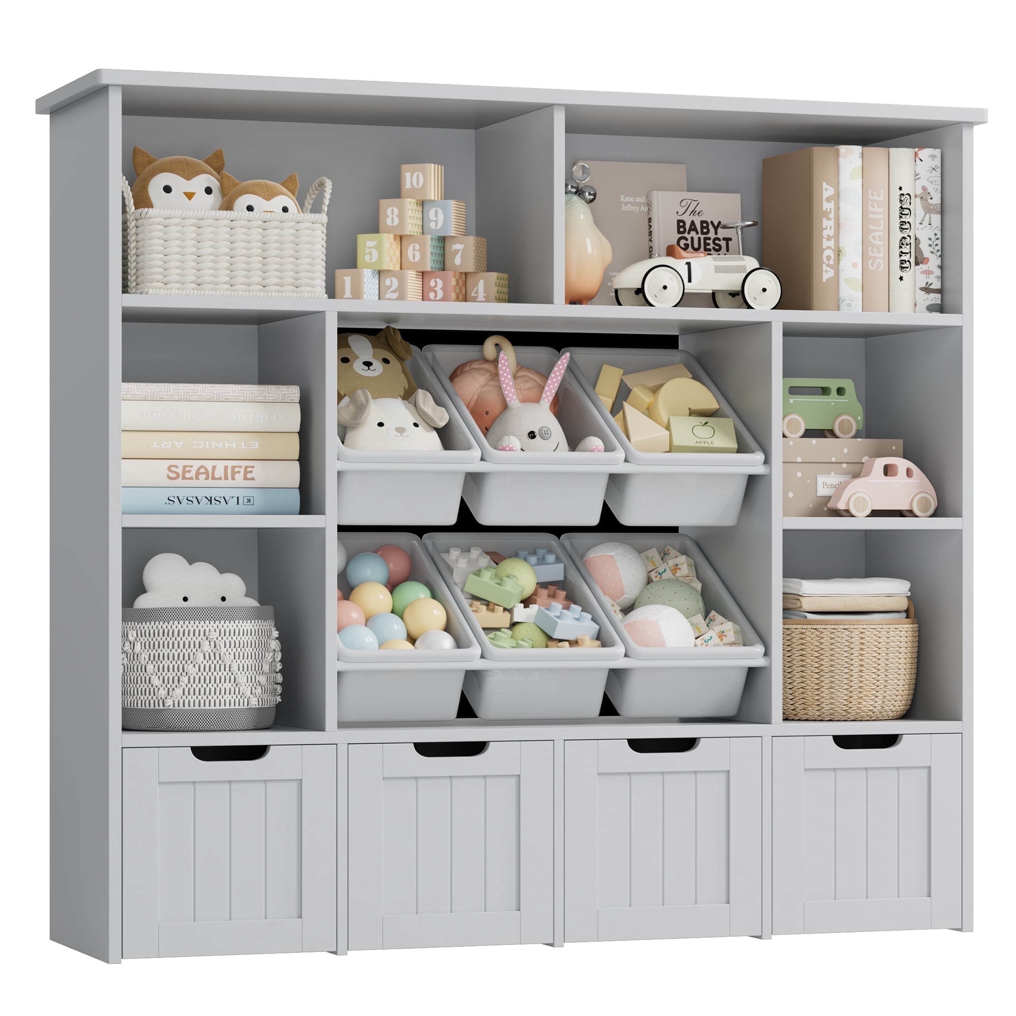 Hiphuta Large 4 Tier Kids Bookcase, Wood Toy Organizer of 6 Boxes & 4 Removable Drawers, Bookshelf for Kids Room Classroom, Grey