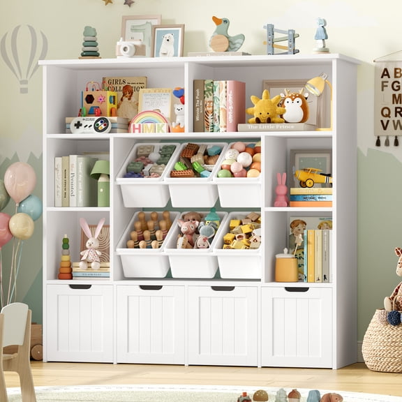 Hiphuta Large 4 Tier Kids Bookcase, Wood Toy Organizer of 6 Boxes & 4 Removable Drawers, Bookshelf for Kids Room Classroom, White