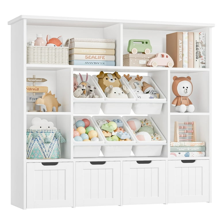 Hiphuta Large 4 Tier Kids Bookcase, White Toy Storage with