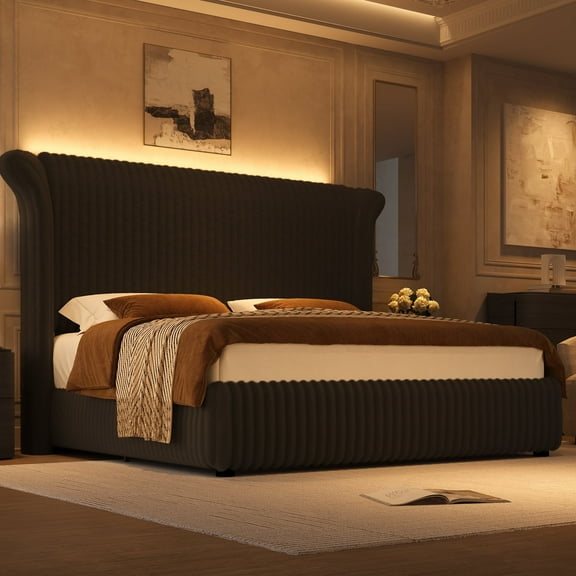Hiphuta Modern King Size Corduroy Upholstered Bed Frame, LED Platform Bed Frame with 55"H Vertical Stripe Tufted Corduroy Velvet Wingback Headboard, Black