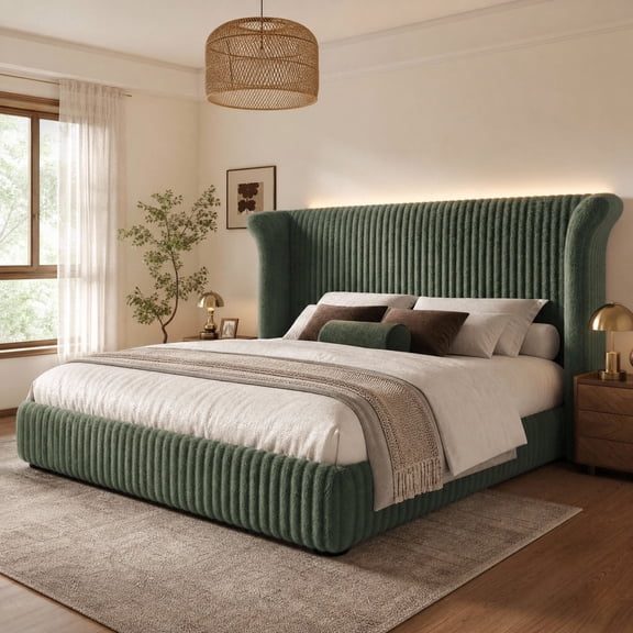 Hiphuta King Size Corduroy Upholstered Bed Frame with Tall Headboard, LED Platform Bed Frame with 55" Wingback Headboard, No Box Spring Needed, Dark Green