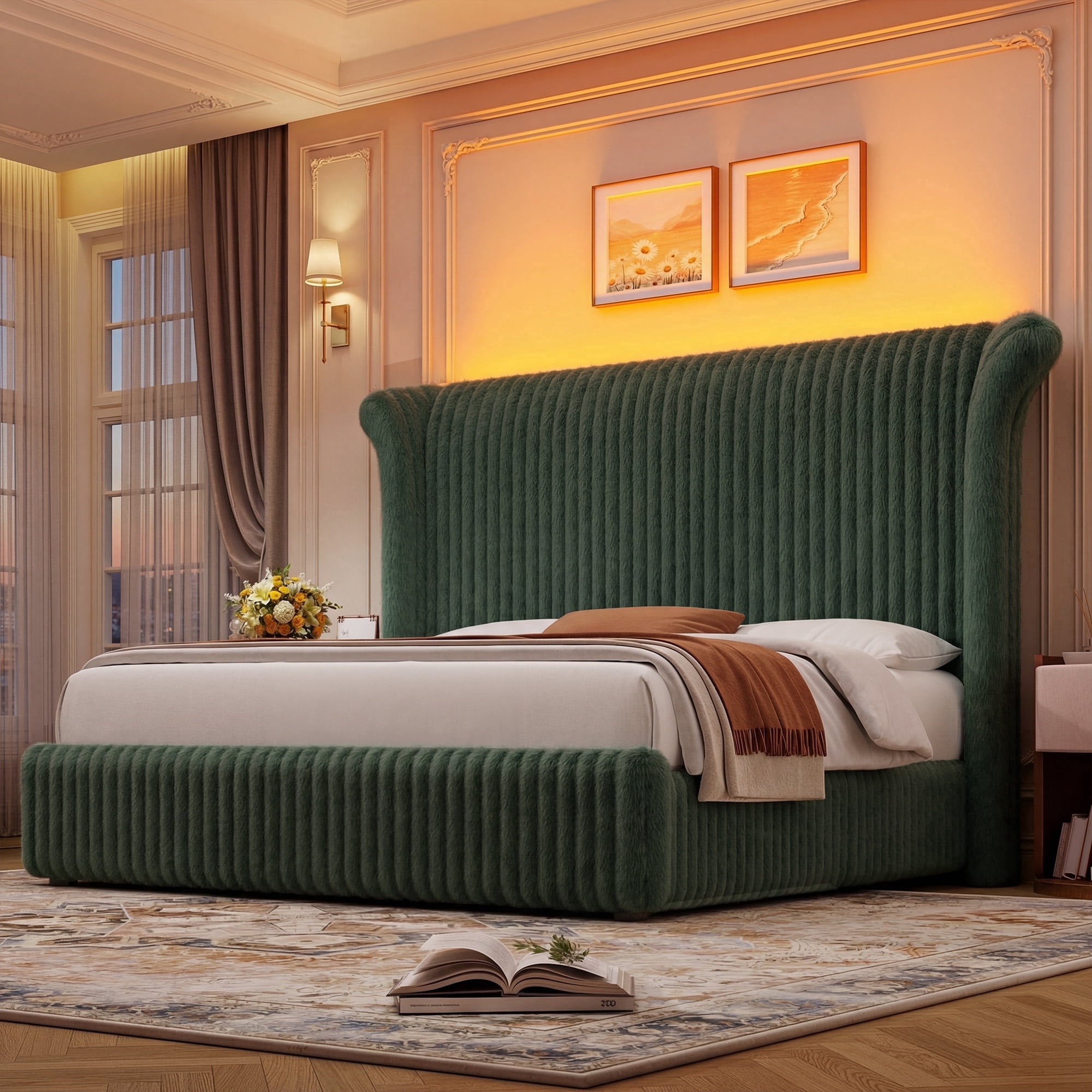 Hiphuta Corduroy Upholstered King Size Bed Frame with Headboard, LED Platform King Bed Frame with 55"H Tall Vertical Stripe Corduroy Wingback Headboard, Green