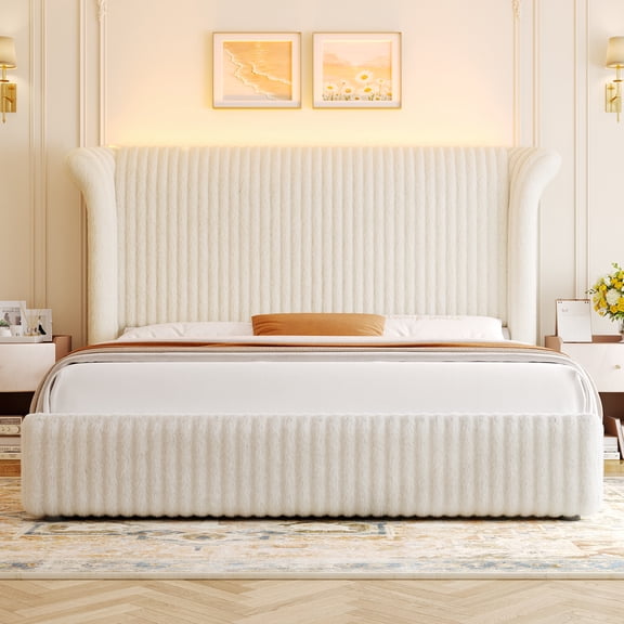 Hiphuta Modern King Size Corduroy Upholstered Bed Frame, LED Platform Bed Frame with 55"H Vertical Stripe Tufted Corduroy Velvet Wingback Headboard, White