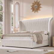 Hiphuta King Size Bed Frame with 55" Tall Headboard, LED Platform Bed with Corduroy Upholstered Wingback, RGB Lights, Sturdy Metal Frame & Noise-Free, No Box Sp