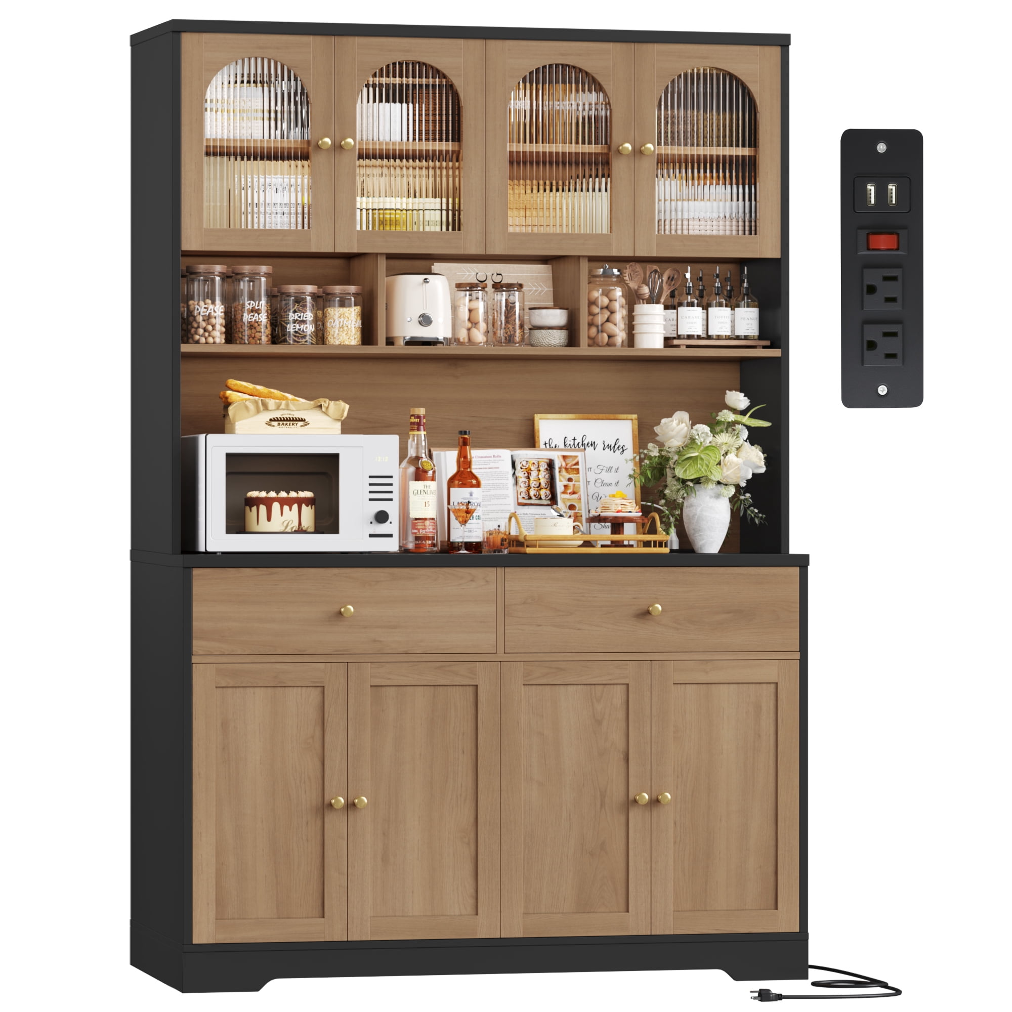 Hiphuta 71" Tall Pantry Cabinet with Arched Glass Doors, 47" Wide Kitchen Storage Cabinet with Microwave Stand & Charging Station, Hutch Cupboard for Kitchen Dining Room, Oak