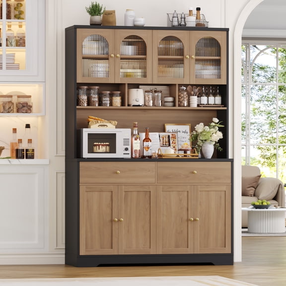 Hiphuta 71" Tall Pantry Cabinet with Arched Glass Doors, 47" Wide Kitchen Storage Cabinet with Microwave Stand & Charging Station, Hutch Cupboard for Kitchen Dining Room, Oak
