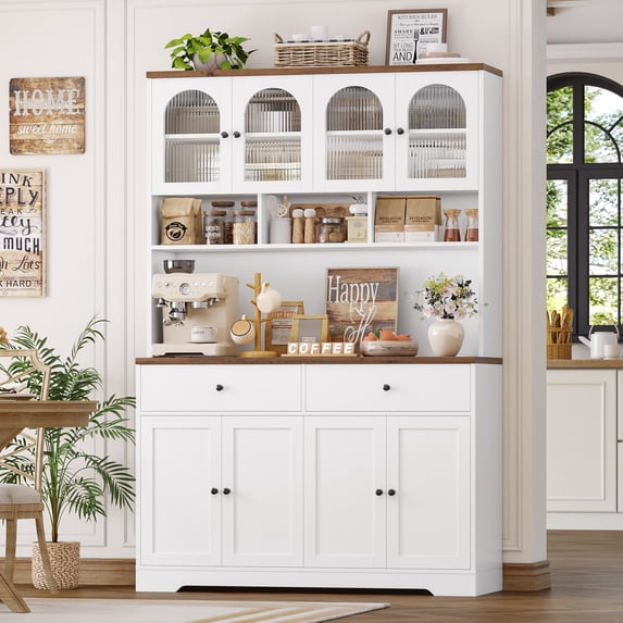 Hiphuta 71" Tall Pantry Cabinet with Arched Glass Doors, 47" Wide Kitchen Storage Cabinet with Microwave Stand & Charging Station, Hutch Cupboard for Kitchen Dining Room, White
