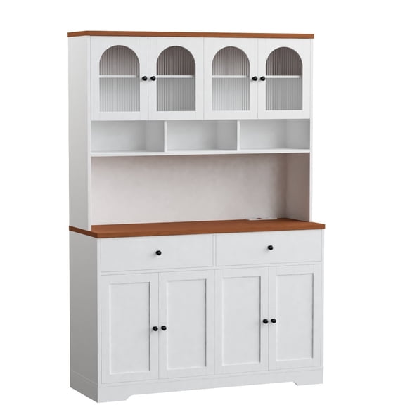 Hiphuta Pantry Cabinet with Glass Doors, Kitchen Storage Cabinet with Charging Station for Kitchen Dining Room, White