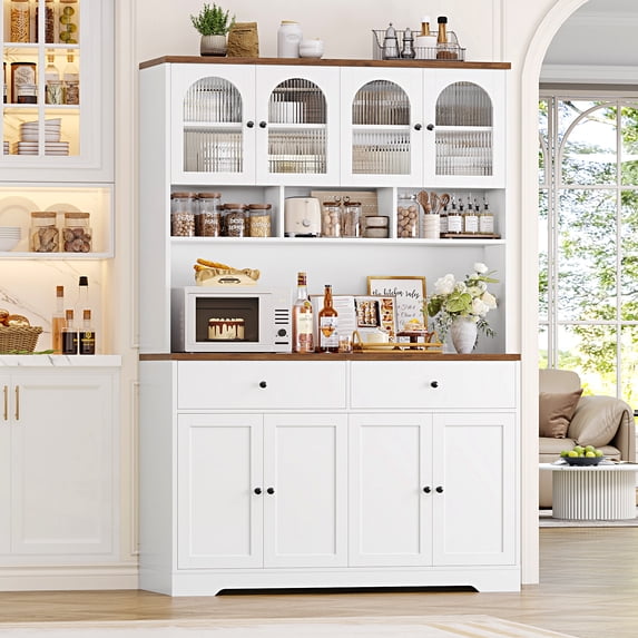 Hiphuta 71" Tall Pantry Cabinet with Arched Doors, 47" Wide Kitchen Storage Cabinet with Microwave Stand & Charging Station, Hutch Cupboard for Kitchen Dining Room, White