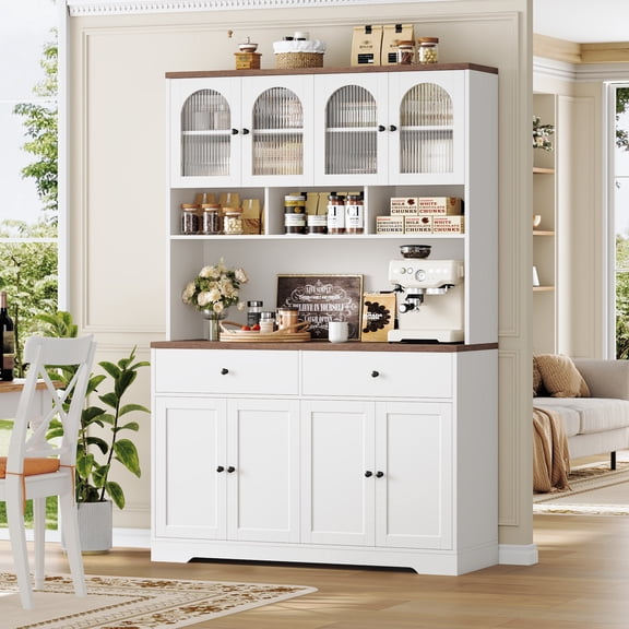 Hiphuta 47" Wide Kitchen Pantry Storage Cabinet with Charging Station and 3 Open Shelves, Freestanding Hutch Cabinet with 8 Doors & 2 Drawers, Large Coffee Bar Cupboard for Dining Room, White