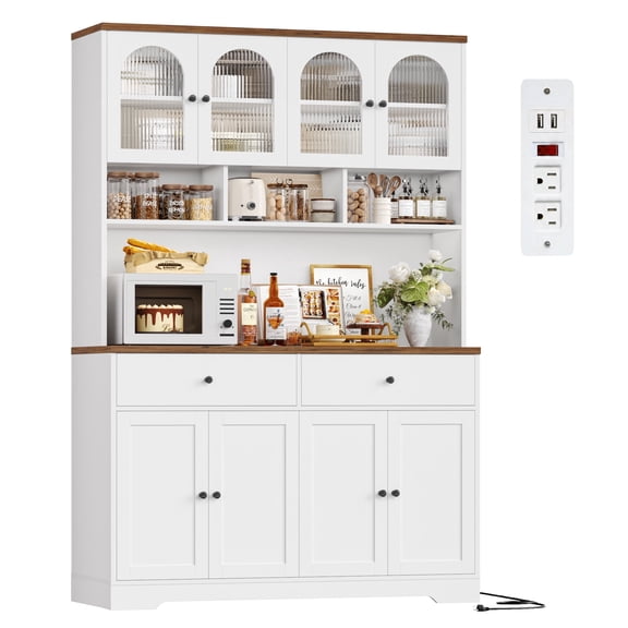 Hiphuta 71" Tall Pantry Cabinet with Arched Glass Doors, 47" Wide Kitchen Storage Cabinet with Microwave Stand & Charging Station, Hutch Cupboard for Kitchen Dining Room, White