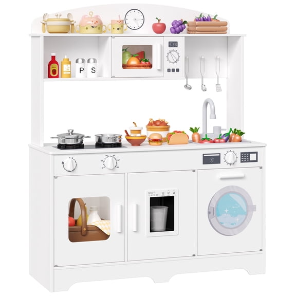 Hiphuta Kids Play Kitchen, Wooden Kids Kitchen Playset with Plenty of Play Features, Chef Pretend Play Set for Boys and Girls Ages 3-10, Toys Kitchen with 11 Pcs Accessories for Kids, White