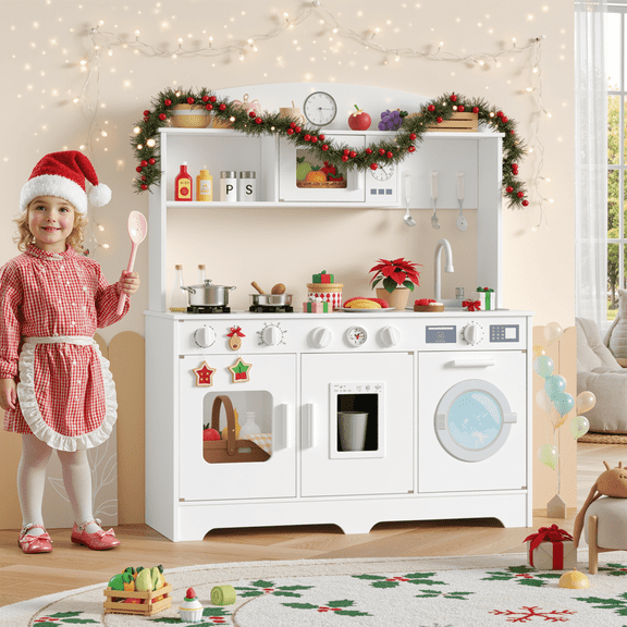 Hiphuta Play Kitchen for Kids, Wooden Kids Kitchen Playset with Plenty of Play Features, Chef Pretend Play Set for Boys and Girls Age Ages 3-10, Toys Kitchen with 11 Pcs Accessories, White