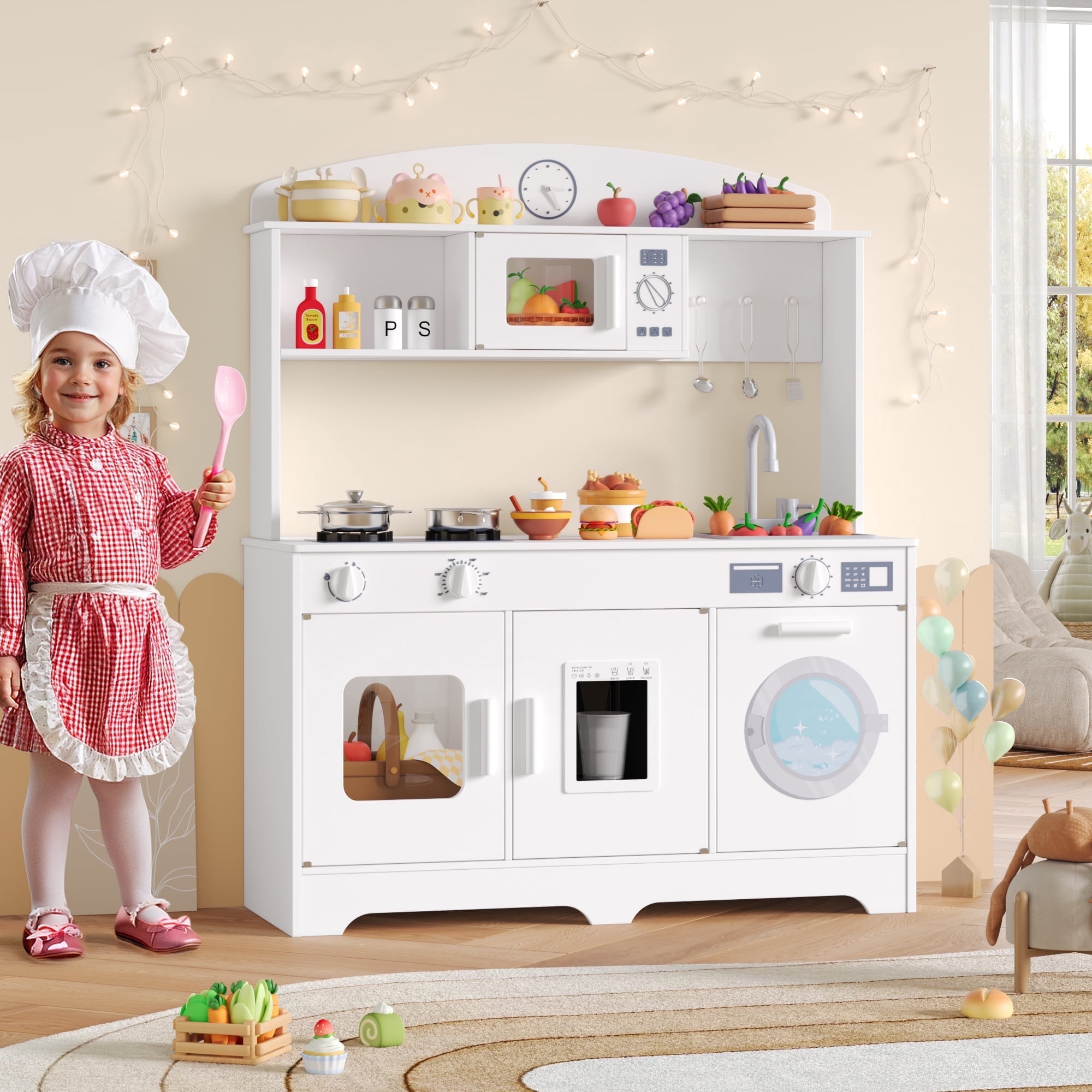 Hiphuta Play Kitchen for Kids, Wooden Kids Kitchen Playset with Plenty ...