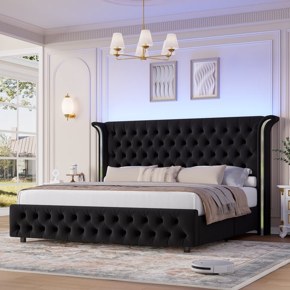 Hiphuta Queen Bed with LED Light, Queen Platform Bed Frame with Button Tufted Velvet Upholstered Headboard, Sturdy Metal Frame & Noise-Free No Box Spring Needed, Black