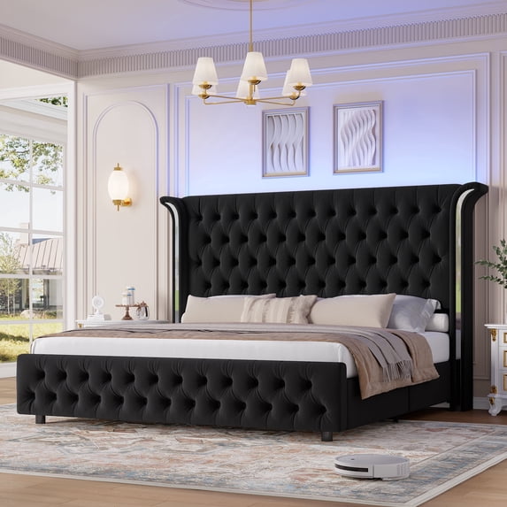 Hiphuta Queen Bed with LED Light, Cama Queen Platform Bed with Button Tufted Velvet Upholstered Headboard, Black