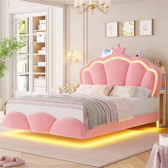 Hiphuta Queen Floating Bed Frame with Crown Storage Headboard, Velvet Upholstered Platform Bed with LED Lights & Charging Station, No Box Spring Needed, Pink