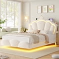 thumbnail image 1 of Hiphuta Queen Floating Bed Frame with Crown Storage Headboard, Velvet Upholstered Platform Bed with LED Lights & Charging Station, No Box Spring Needed, White, 1 of 7