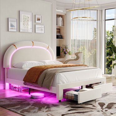 Homfa Queen Size LED Bed Frame with Drawer, Velvet Upholstered Platform ...