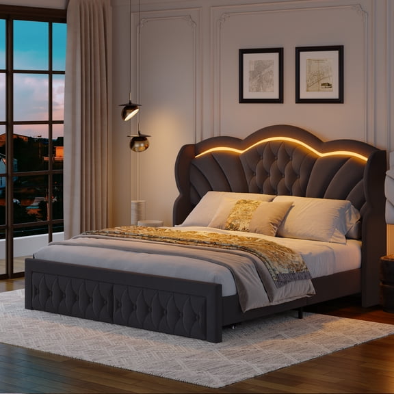Hiphuta Modern Queen Bed Framewith 2 Drawers, LED Lights Platform Bed Frame, Sturdy Beds Frame with Upholstered Button Tufted Headboard, Velvet Gray