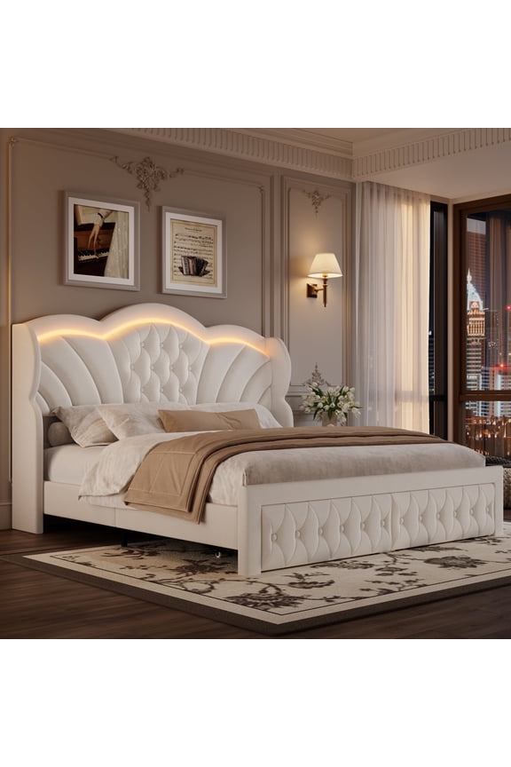 Modern Queen Bed Frame with 2 Drawers, LED Lights Platform Bed Frame, Sturdy Beds Frame with Upholstered Button Tufted Headboard, Velvet White