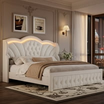 Hiphuta Modern Queen Bed Frame with 2 Drawers, LED Lights Platform Bed Frame with Upholstered Button Tufted Headboard, Velvet White