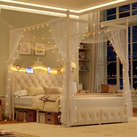 Hiphuta Full Size Crown Canopy Bed with Power Outlet & LED, Upholstered Princess Beds with 4 Removable Posts, Full Bed Frames, White