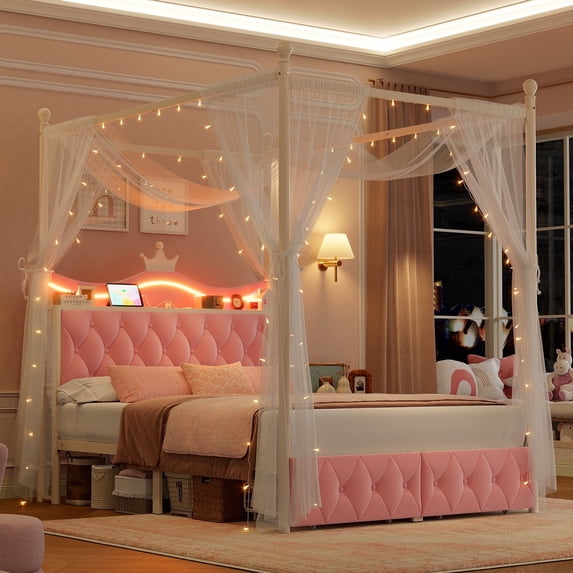 Hiphuta Full Size Crown Canopy Bed with Power Outlet & LED, Upholstered Princess Beds with 4 Removable Posts, Full Bed Frames, Pink
