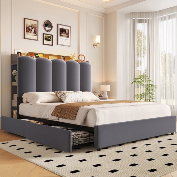 Hiphuta Queen Size Bed Frame with Storage Headboard and Side Storage Shelves, Upholstered LED Platform Bed with 2 Drawers and Charging Station, Gray