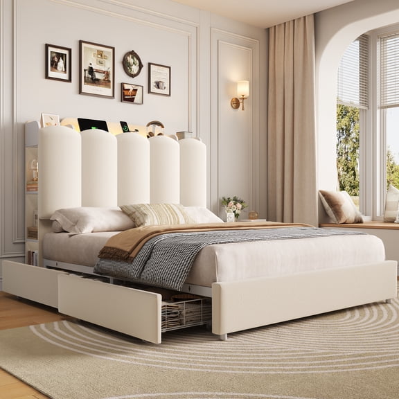 Hiphuta Queen Size Bed Frame with Storage Headboard and Side Storage Shelves, Upholstered LED Platform Bed with 2 Drawers and Charging Station, White