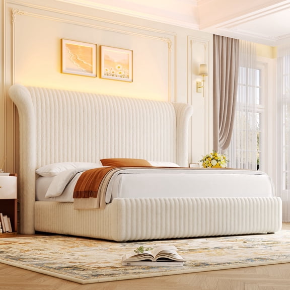 Hiphuta Queen Size Corduroy Upholstered Bed Frame, LED Platform Queen Bed Frame with Tall Headboard 55"H Vertical Stripe Tufted Corduroy Velvet Wingback Headboard, White