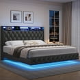 thumbnail image 1 of Hiphuta Queen Size Size Floating Upholstered Beds with LED Lights, Velvet Leather Sturdy Platform Bed with Charging Station & Button Tufted Headboard Storage, Black, 1 of 10