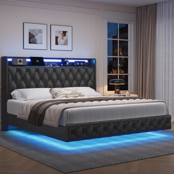 Hiphuta Queen Size Size Floating Upholstered Beds with LED Lights, Velvet Leather Sturdy Platform Bed with Charging Station & Button Tufted Headboard Storage, Black