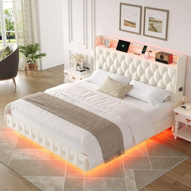 Hiphuta Queen Size Floating Upholstered Beds with LED Lights, Velvet Leather Sturdy Platform Bed with Charging Station & Button Tufted Headboard Storage, White
