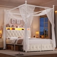 thumbnail image 1 of Hiphuta Queen Size Upholstered Canopy Bed with Charging Station & Storage Drawer, Button Tufted Headboard with LED Light, Queen Bed Frames for Adults, Beige, 1 of 8