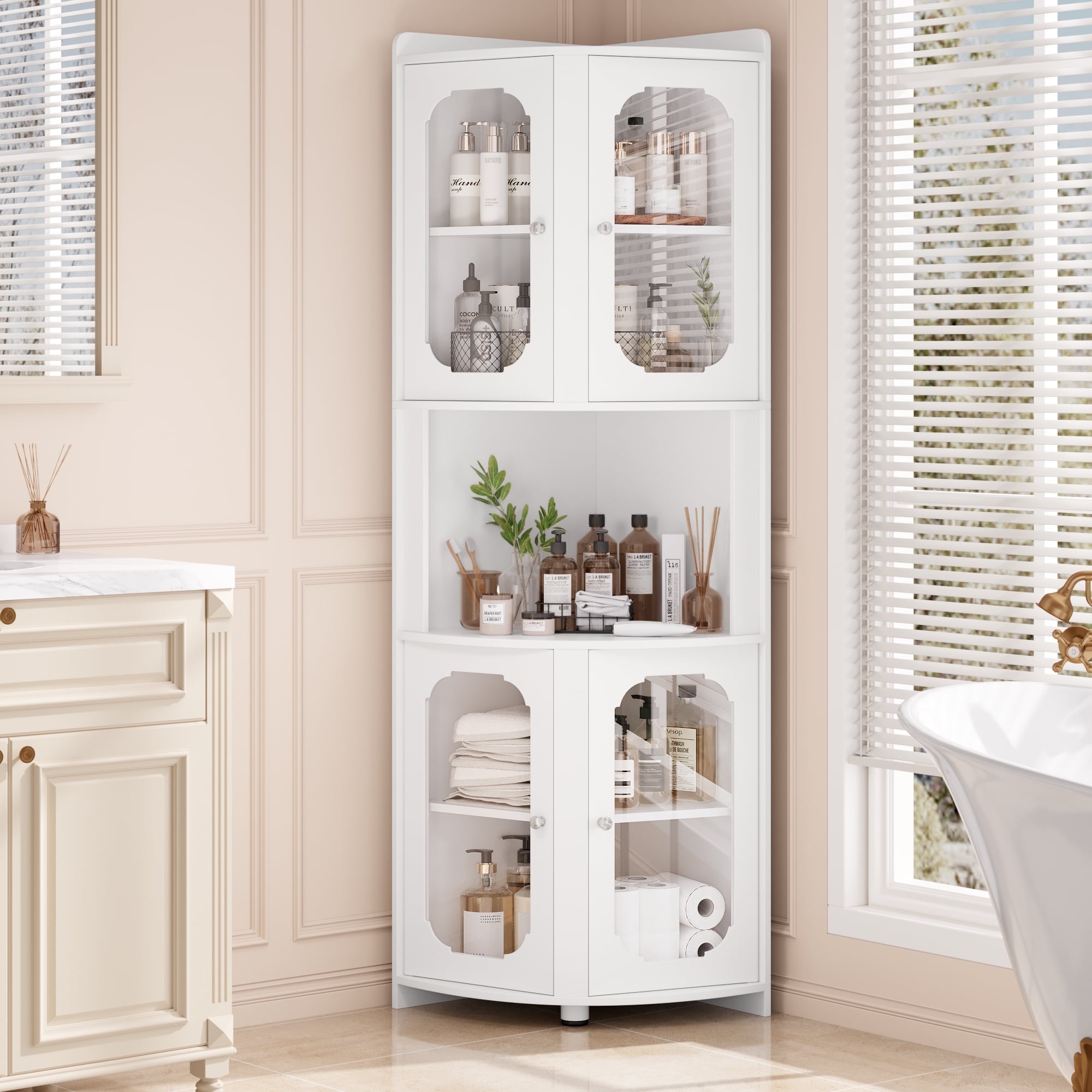 Hiphuta Tall Corner Cabinet, Bathroom Storage Cabinet with Glass Door Design & Adjustable Shelves, Home Space Saver for Bathroom, Living Room, White