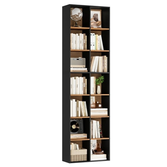 Hiphuta 7-Tier Double Wide Media Tower Rack, 71 X 20 X 9 Inches CD DVD Slim Storage Cabinet with Adjustable Shelves, Sturdy Tall Narrow Bookcase Display Bookshelf for Home Office, Black & Oak